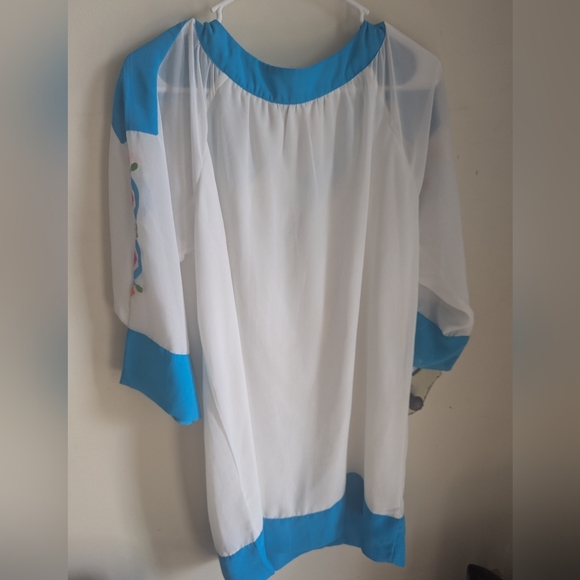 Gretchen Scott Sz XL Embroidered Tunic Dress White Blue Polyester Swim Pullover - Picture 5 of 9